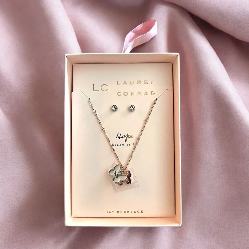 LC Lauren Conrad Hope Butterfly Rose Gold Tone Earring And Necklace Set NWT